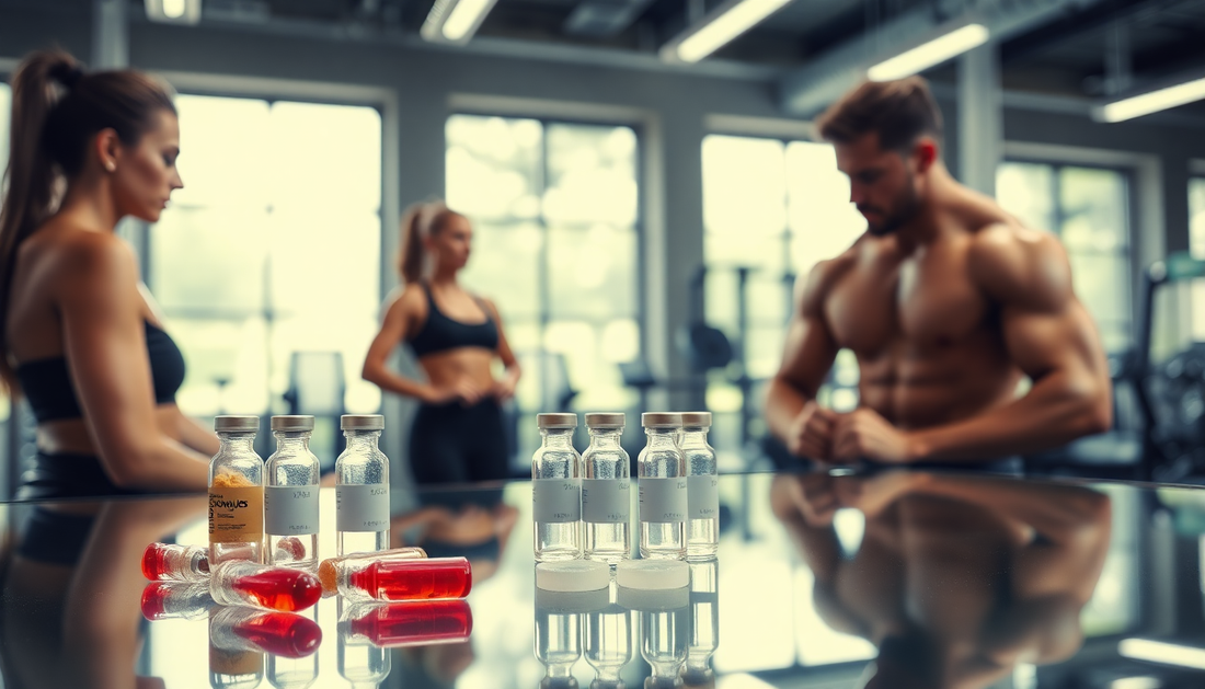 seringues and vials on the glass table at gym with many bodybuilders woman and men, looking and using some medicines
