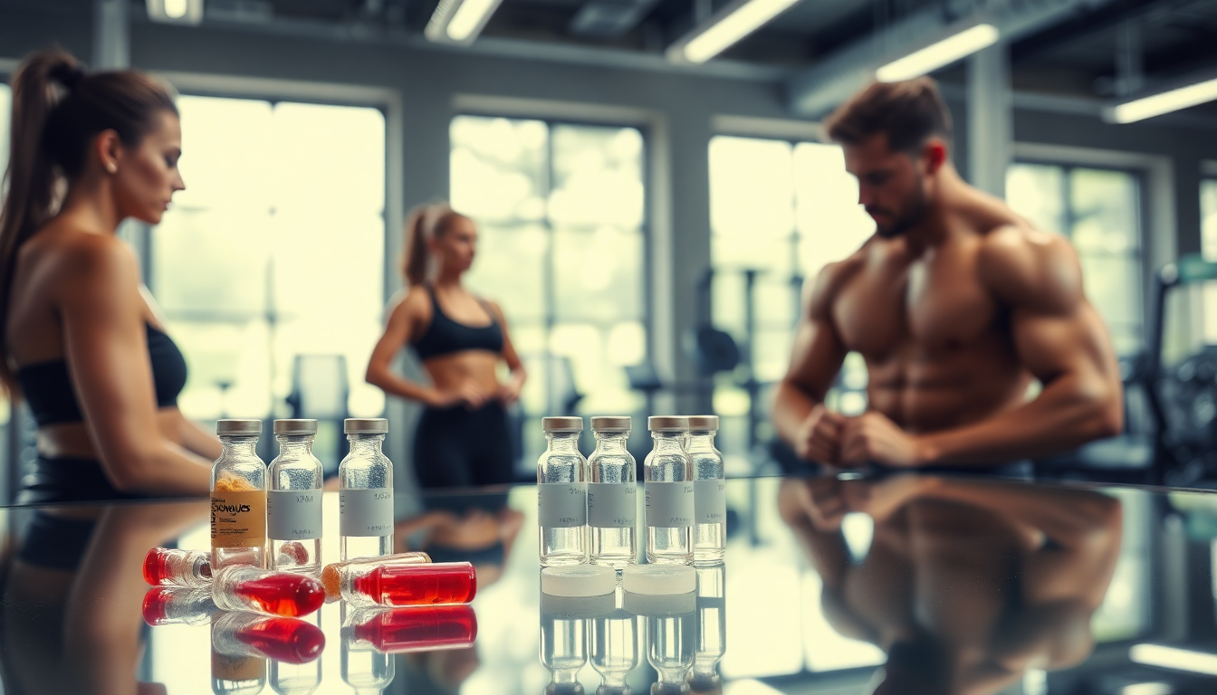 seringues and vials on the glass table at gym with many bodybuilders woman and men, looking and using some medicines