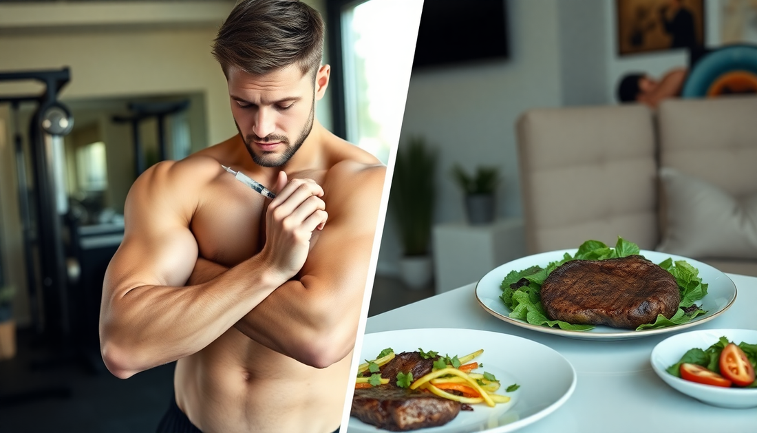 A muscular male athlete self-injecting in his arm, then training intensely at the gym, and later eating a clean meal of steak and salad at home.