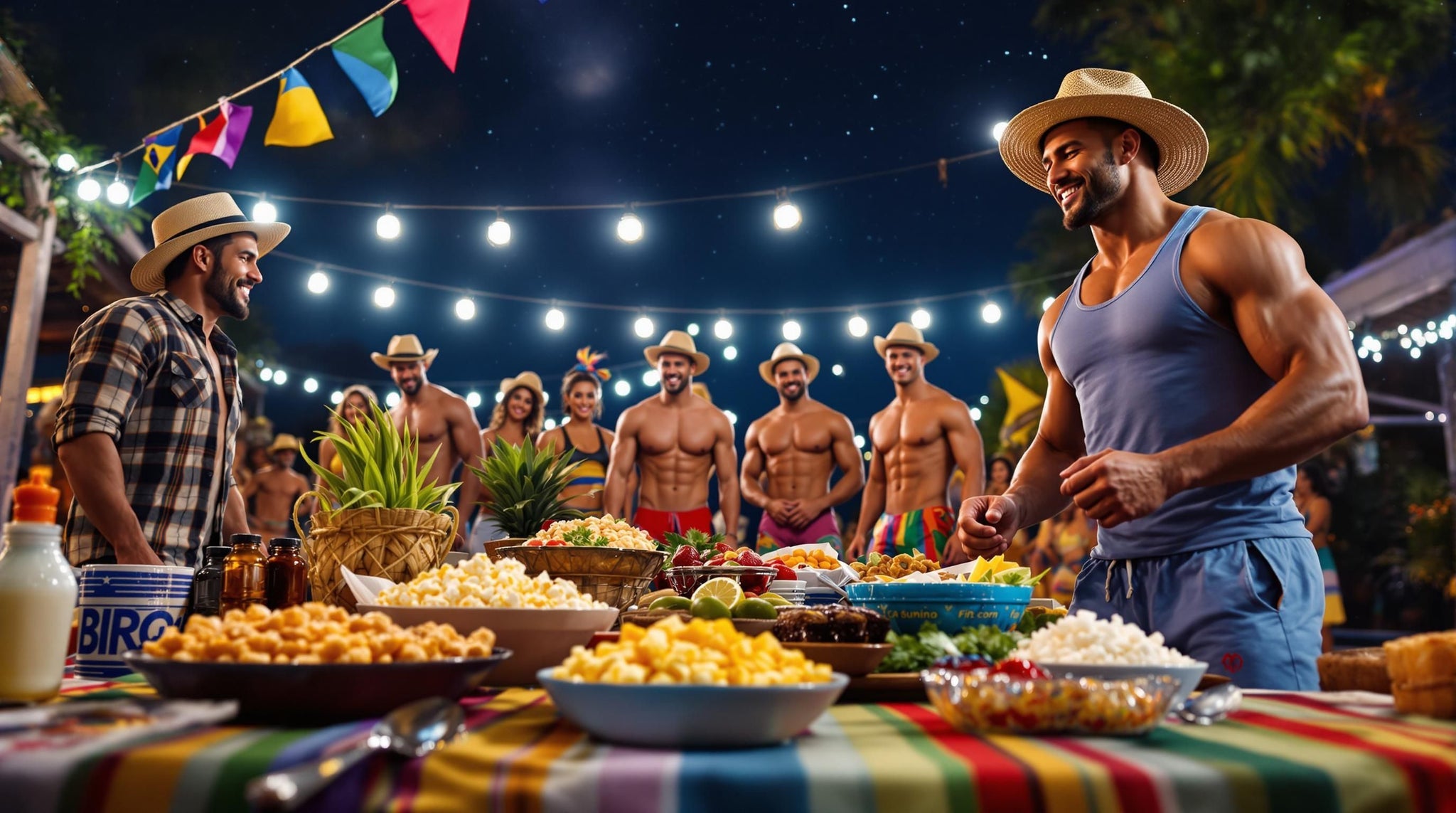 Mesa de festa junina com alimentos saudáveis e versões fit de comidas típicas; pessoas com físico atlético comemorando São Joã