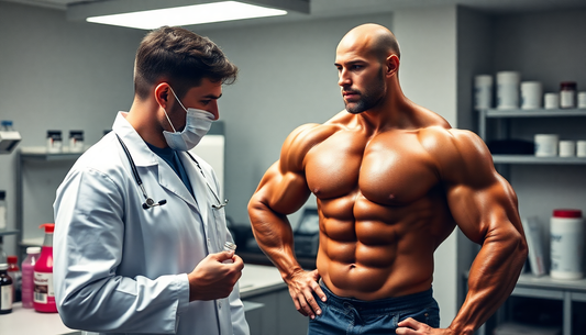 Muscle viais segingues in laborattory, with a doctor bodybuilding showing a product of oxandrolona