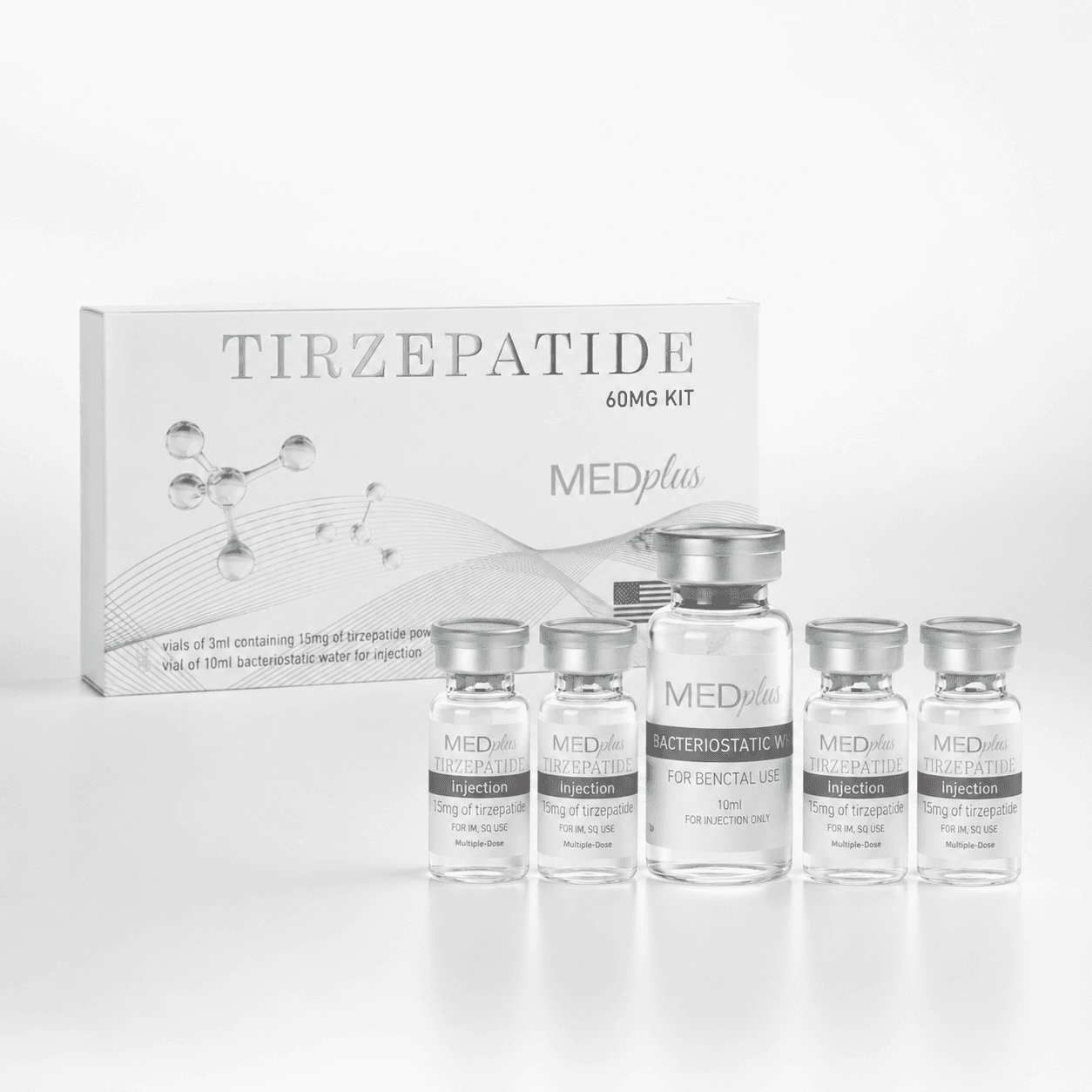 Medplus Tirzepatide 60MG 4 Vials 3mL + 1 Vial 10mL Água Bacteriostática